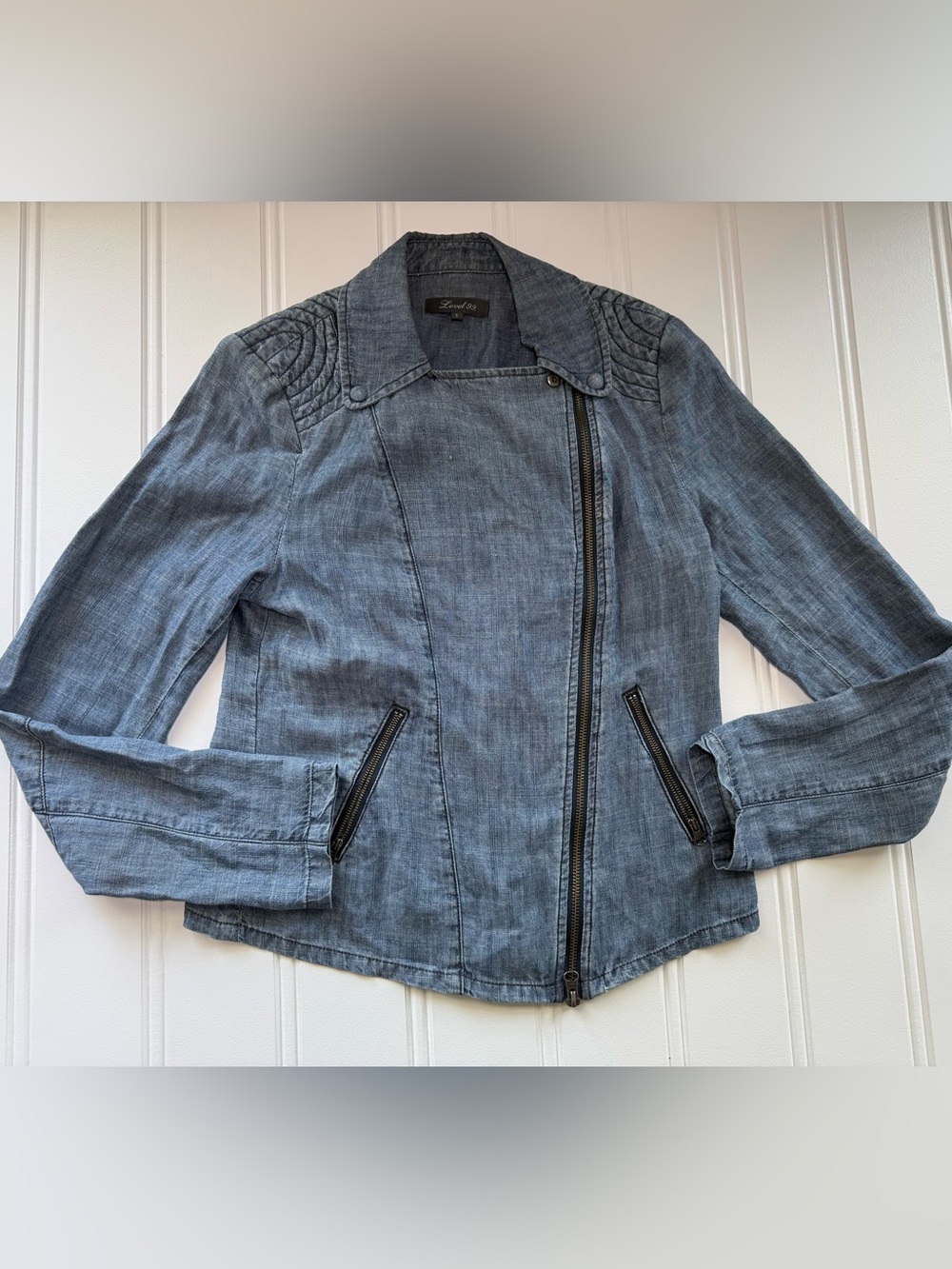 Level 99 Asymmetrical Zip Chambray Moto Jacket Small Blue Linen Blend Women 3123